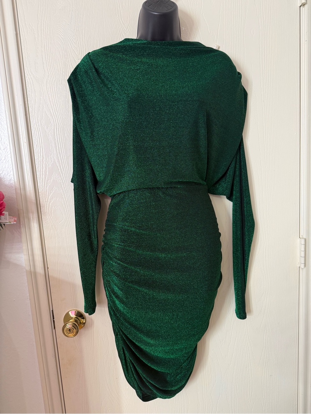 bebe Shimmery Emerald Green Long Sleeve Ruched Dress